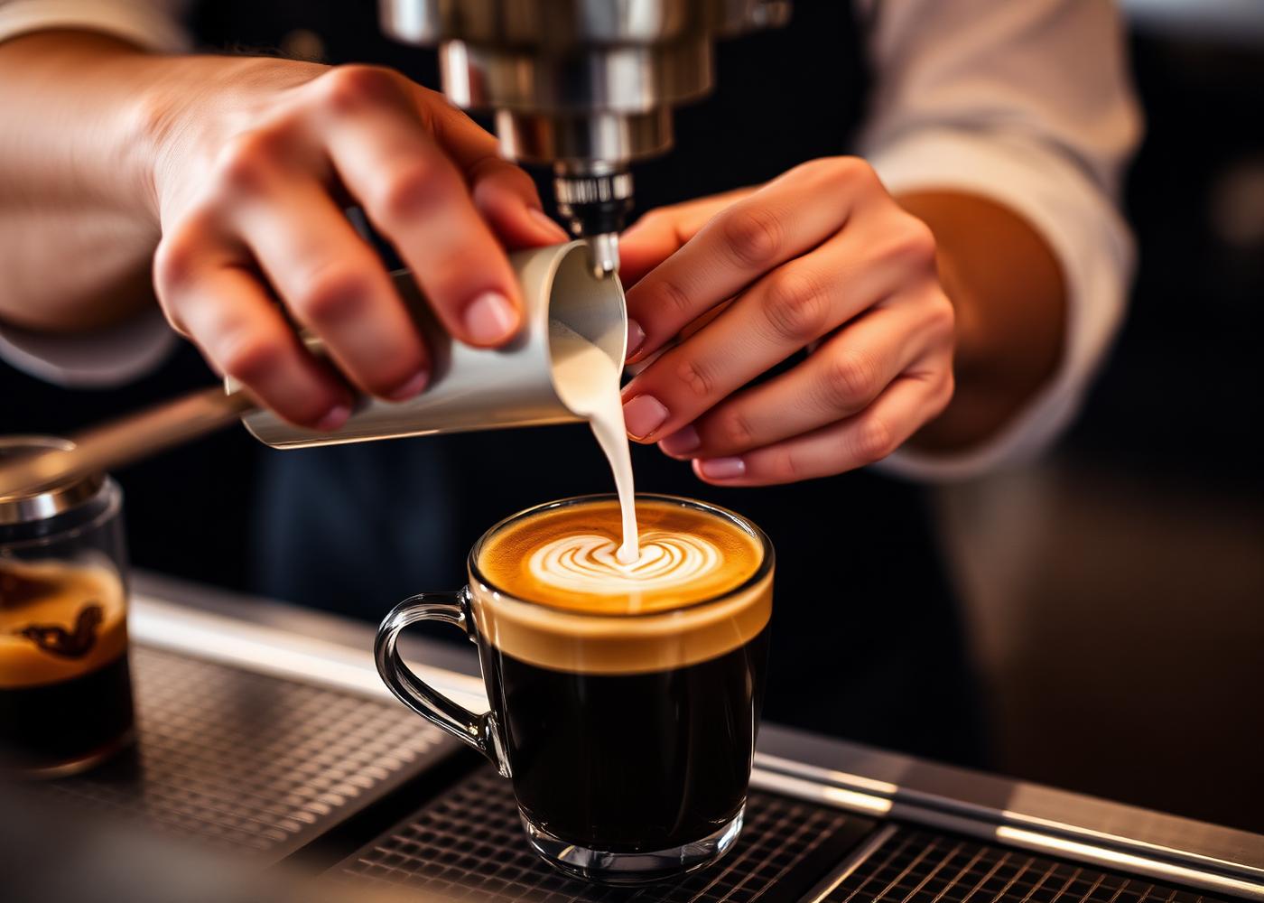 Barista pouring milk into espresso under warm light