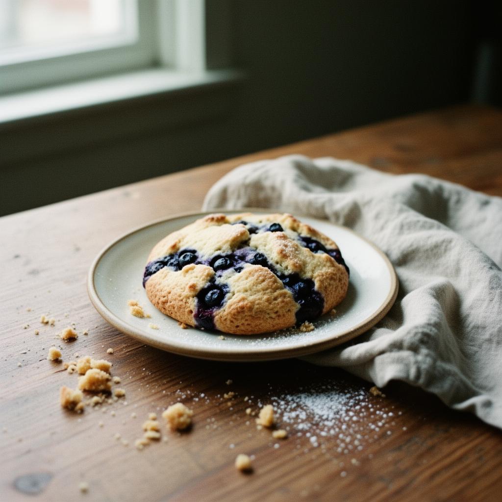 Rustic blueberry scone on a ceramic plate with a linen napkin